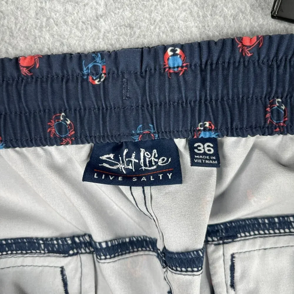 Salt Life Swim Shorts Navy Blue Crab Print Mens Size 36 Zip Fly Draw String